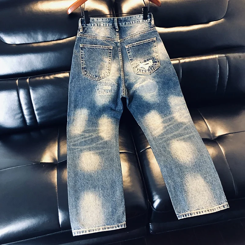 

High Quali Men's Loose Fit Straight Leg Jeans Spring Autumn Faion Street Sle Distred Embroidered Casual Trousers