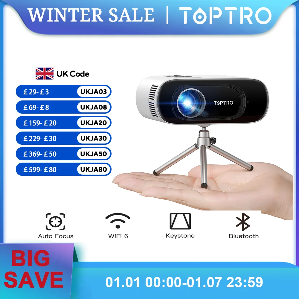 TOPTRO Mini Projector Full HD Support 1080P 16000 Lumens Auto Keystone WiFi Bluetooth Video Projector Portable Home Theater