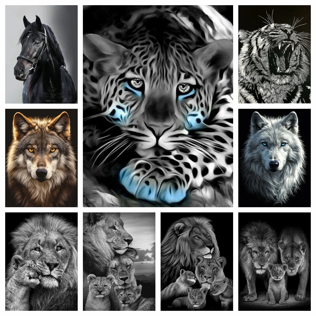 Kit de pintura de diamante 5D DIY, lobo, León, Tigre, caballo, mosaico de diamantes completo, arte, punto de cruz de diamantes de imitación, decoración del hogar, imagen, regalo