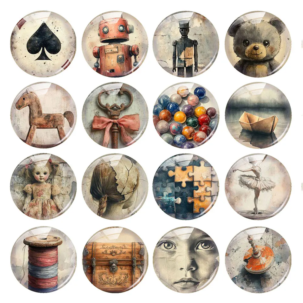 Random Mixed Round/Oval/Square Dark Nostalgia Vintage Toy Photo Glass Cabochon Flatback Demo Cameo For Diy Jewelry Making