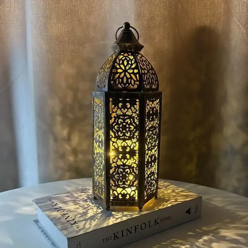 Moroccan Wrought Iron Candle Holder Hollow Lantern Wind Lamp Handicraft Retro Vintage Home Decoration Ornament