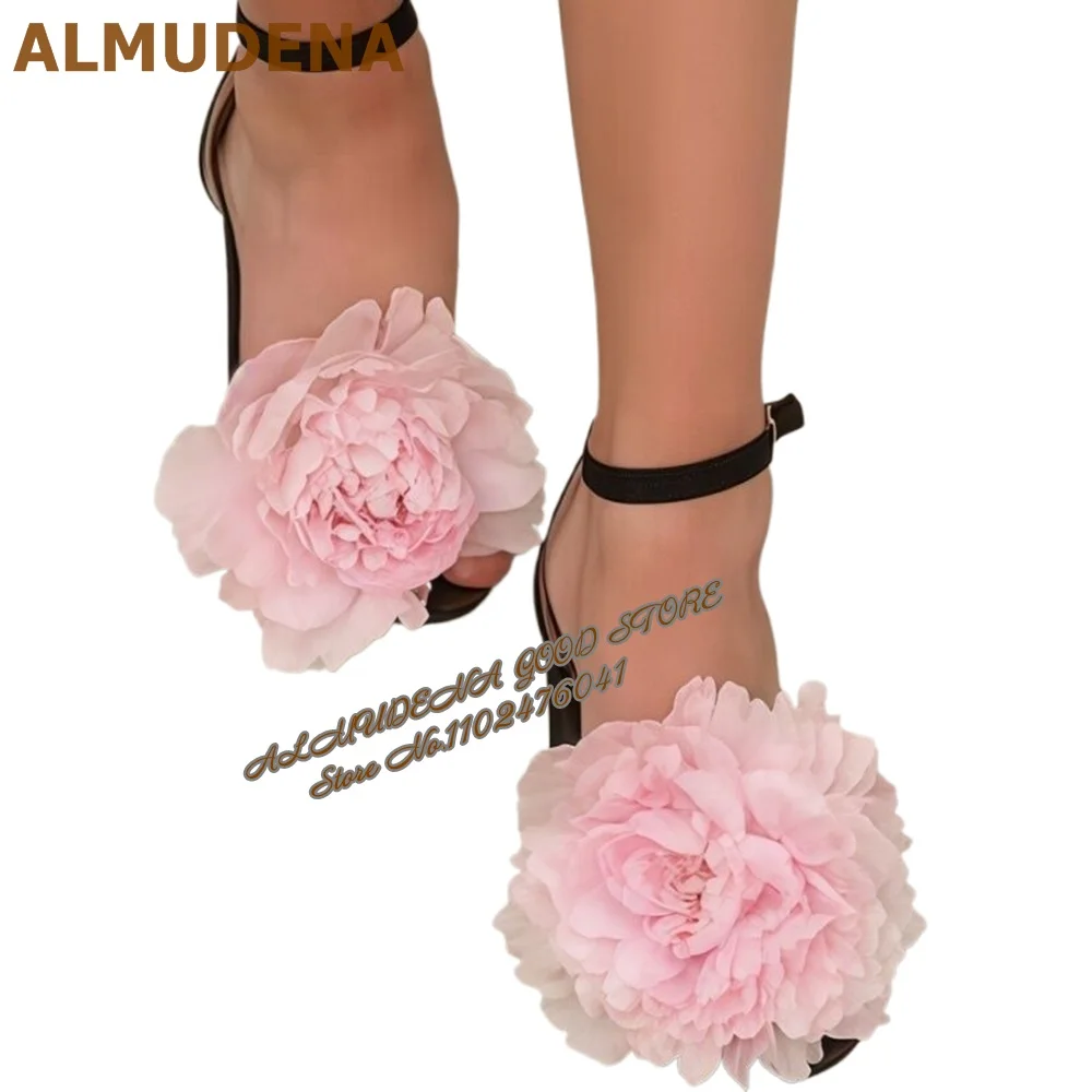 ALMUDENA كبير الوردي البيج زهرة صنادل عالية الكعب أنيقة زهر خنجر الكعوب أحذية الزفاف مشبك حزام مأدبة مضخات