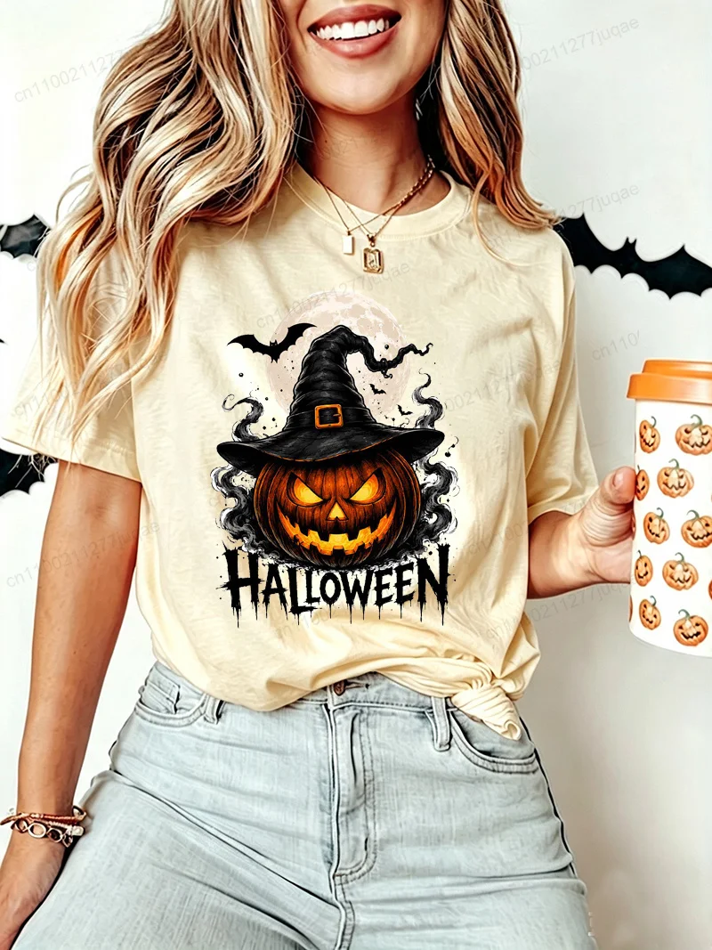 Halloween Pumpkin Witch Hat Women T‑shirt Spooky Bat Graphic Shirts Casual Short Sleeve Female Tees Spooky Season Tops Gifts