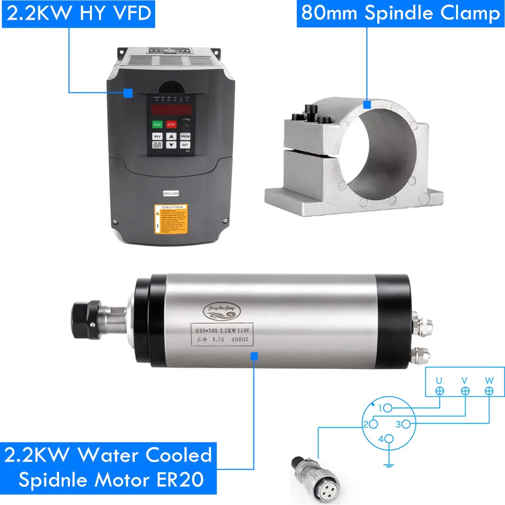 CNC Engraving 2.2KW Water Cooled Spindle Motor ER20 24000rpm+2.2KW VFD Inverter Variable Frequency Driver 110V / 220V+80mm Clamp