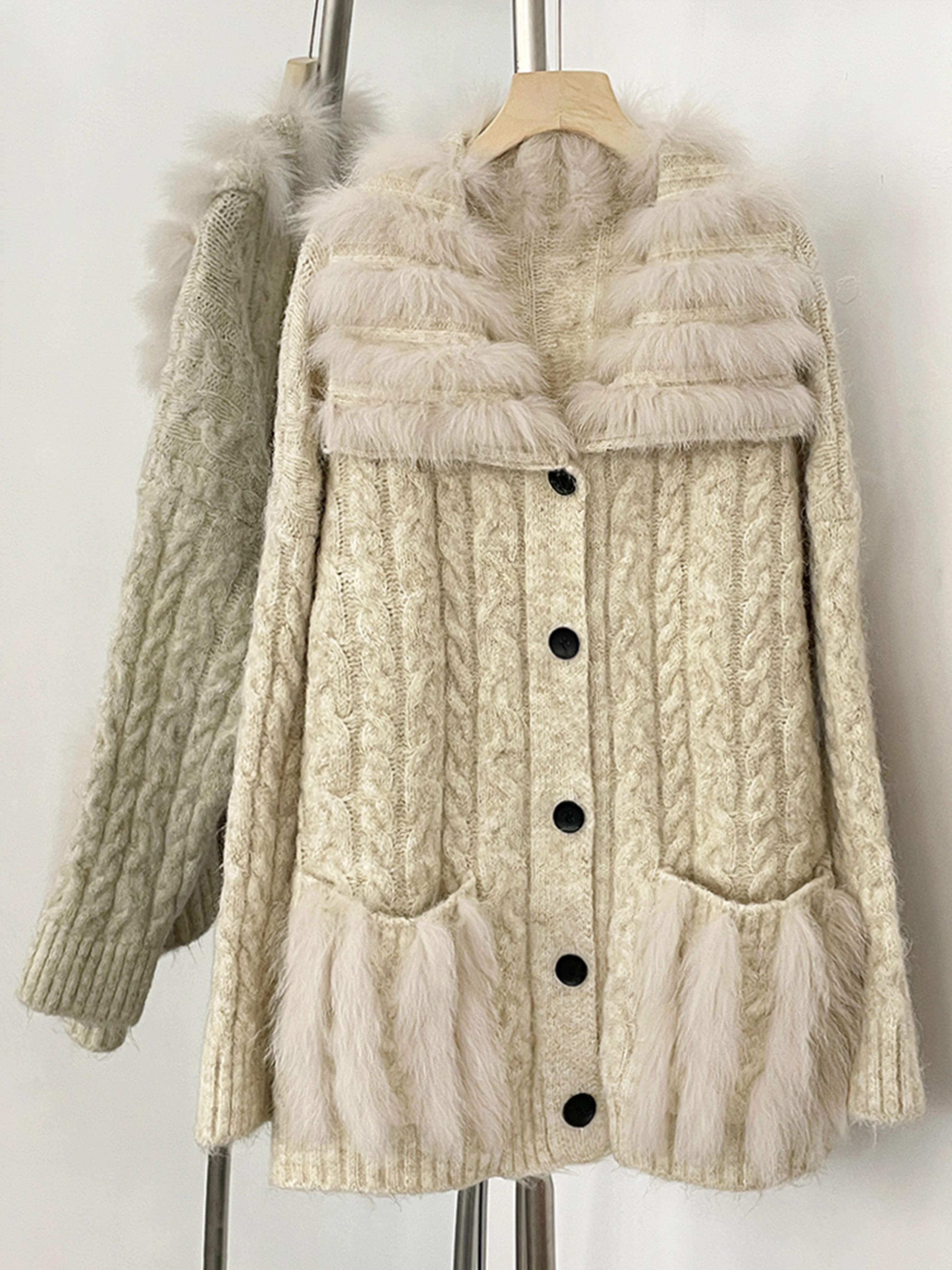 

Women New Spring Warm Top Knitted Clothing Female Oversize Resl Fox Fur Cardigan Sweater Coat Loose Knitting Knitwear