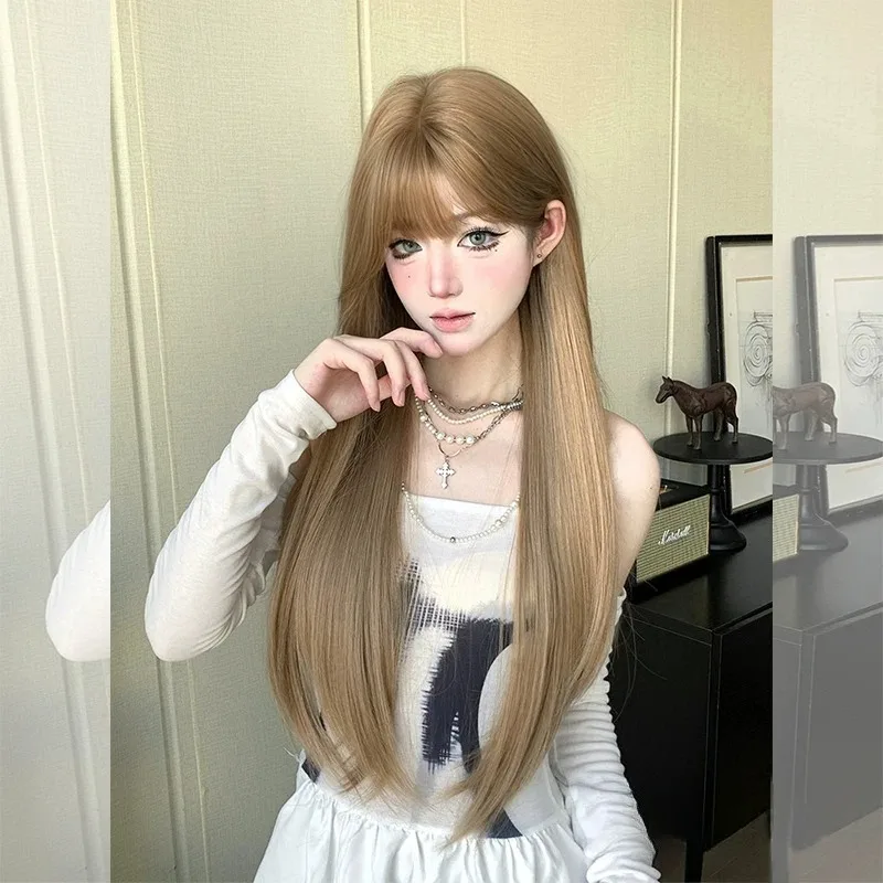 Chestnut Gold Long Straight Full Wig with Neat Bangs Heat‑Resistant Synthetic Hair Asian‑Style Chic Silky Strands for  Party