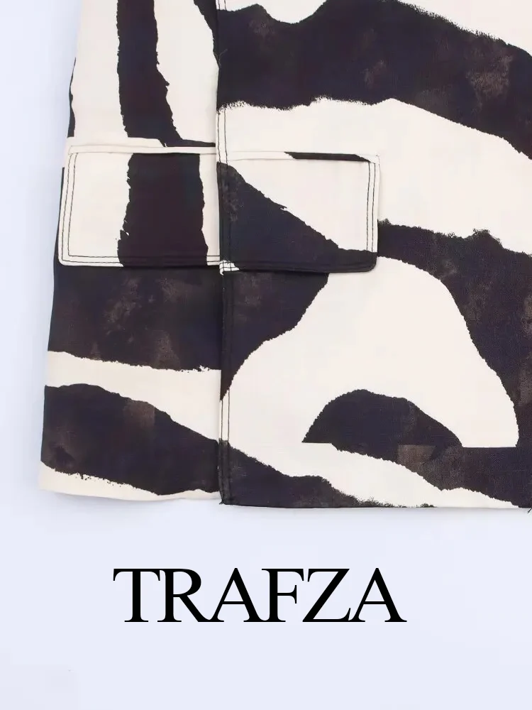 

TRAFZA Women Fashion Slim Blazer Suit Zebra Stripes Pocket Button Decorate Turn-Down Collar Blazer Jacket+Casual Zipper Pants