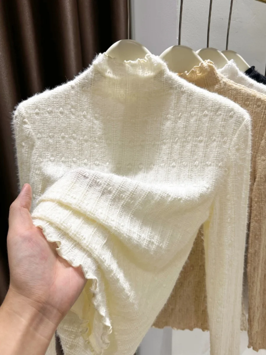 

Women's Long Sve Lace Base irt f High Collar Brued Warm Inner Wear European Faion Small irt High-End Feeling Ou...