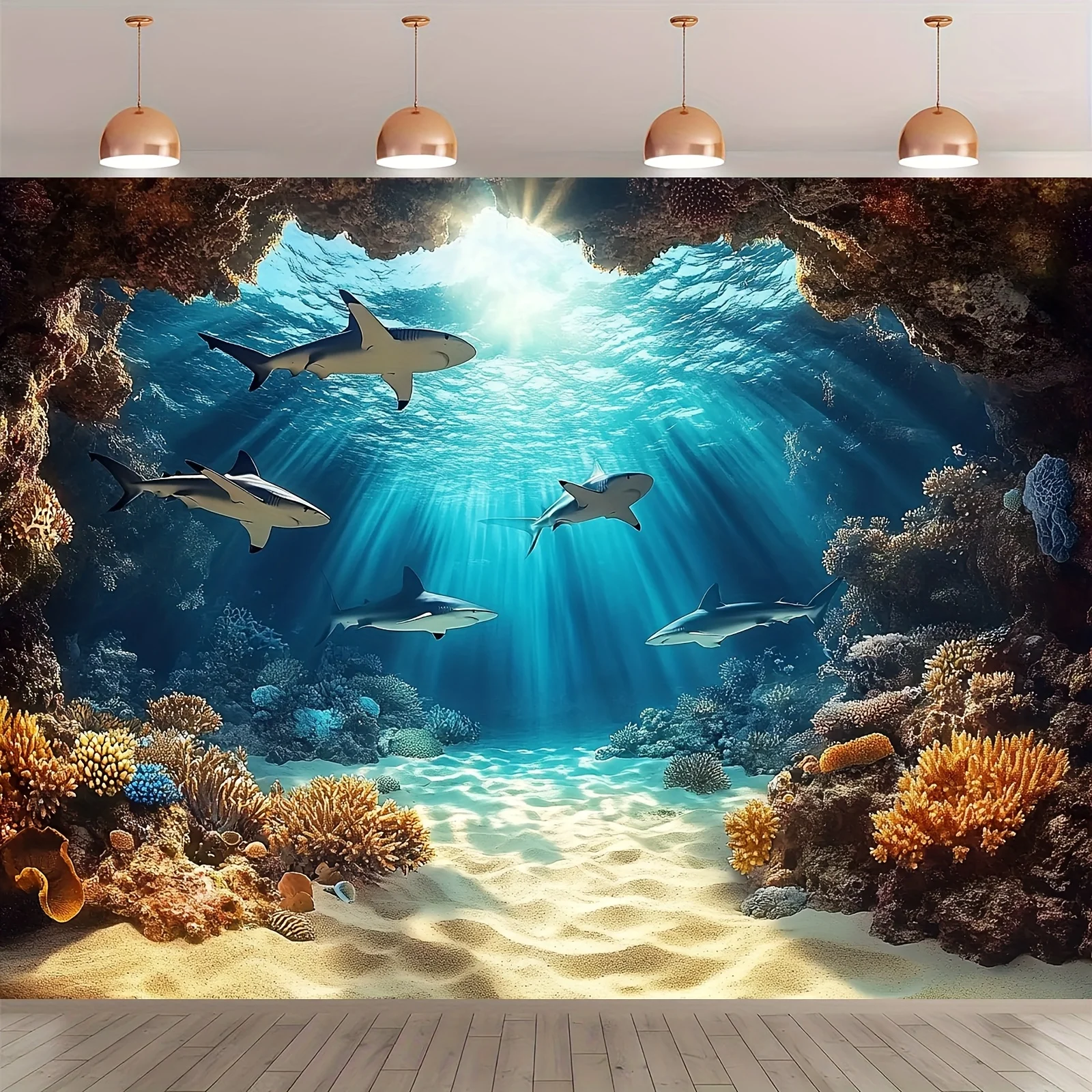 2D-Hintergrundstoff mit farbenfroher Unterwasser-Haifischwelt – prächtige Meereskulisse, Polyesterfaser