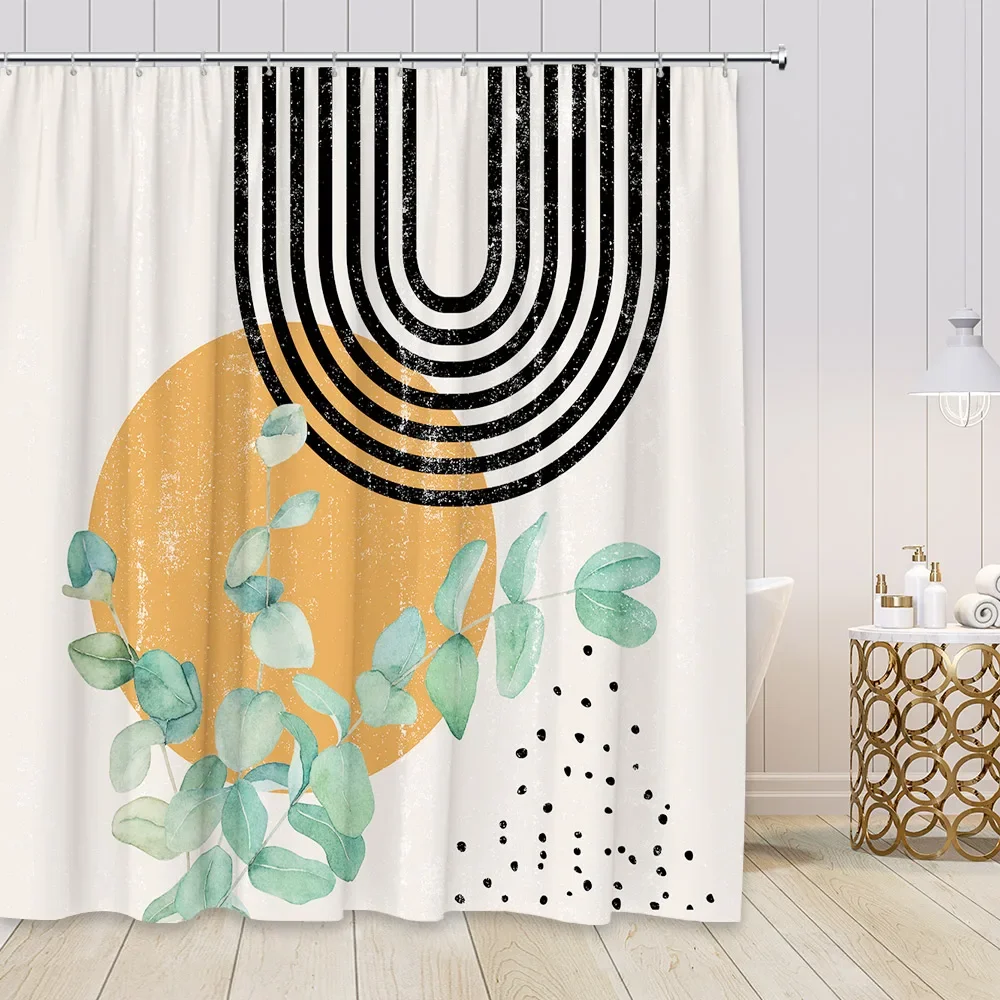 Mid Century Abstract Shower Curtains Boho Arch Sun Geometric Modern Minimalistic Waterproof Fabric Bathroom Decor Set with Hooks