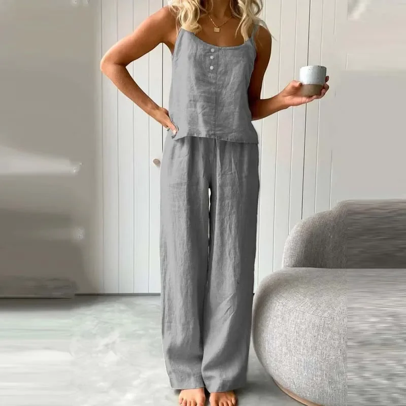 2024 Spring Casual Plain Cotton Linen Women Pants Suit Sexy Button Suspender Top Pajamas Set New Summer Vintage Homewear Outfits