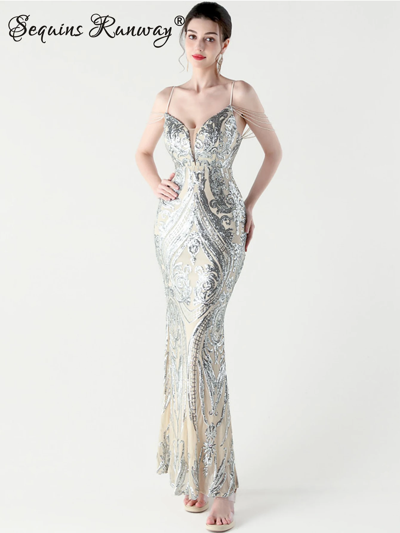 Sexy backless black sequin slip summer dress women elegant prom party long dresses woman luxury fishtail evening dresses vestido