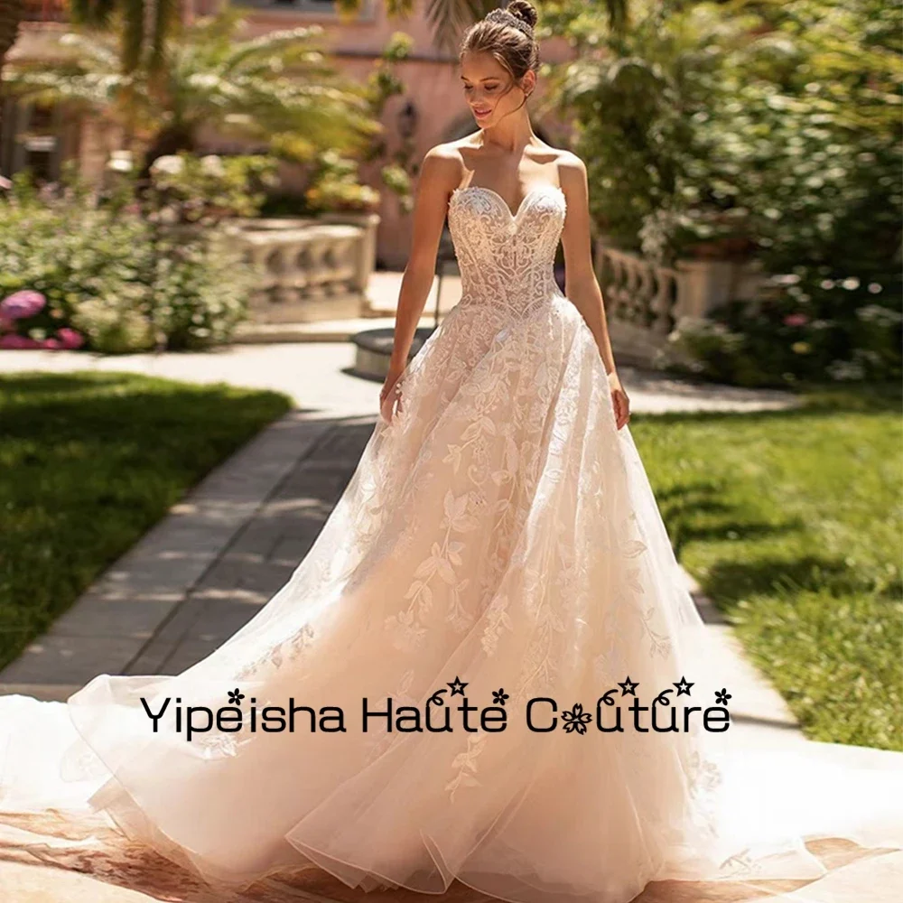 Yipeisha A Line Exquisite Champagne Corset Bridal Gowns Strapless New Organza Applique Wedding Dresses  Vestido De 2022