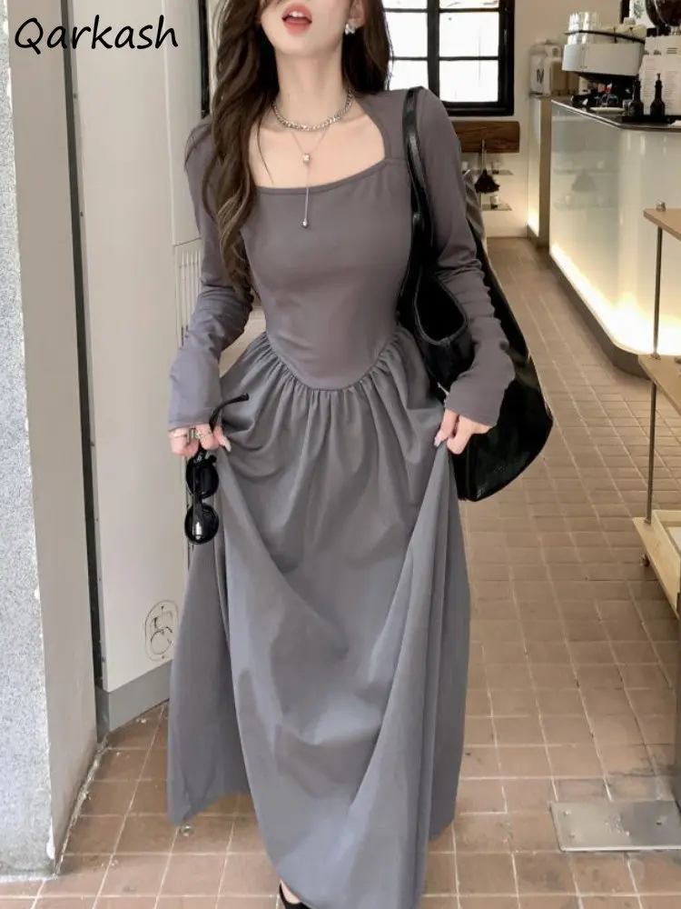 

Long Sleeve Dress Women Autumn Vintage Solid Folds A-line High Waist Square Collar Midi Casual Simple Elegant Vestido Feminino