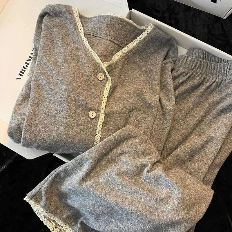 Autumn New French Style Lace Trim Pajamas Set Soft 2 Pcs Shirt&pants Homewear Suit Long Sleeves Lapel Solid Color Sleepwear