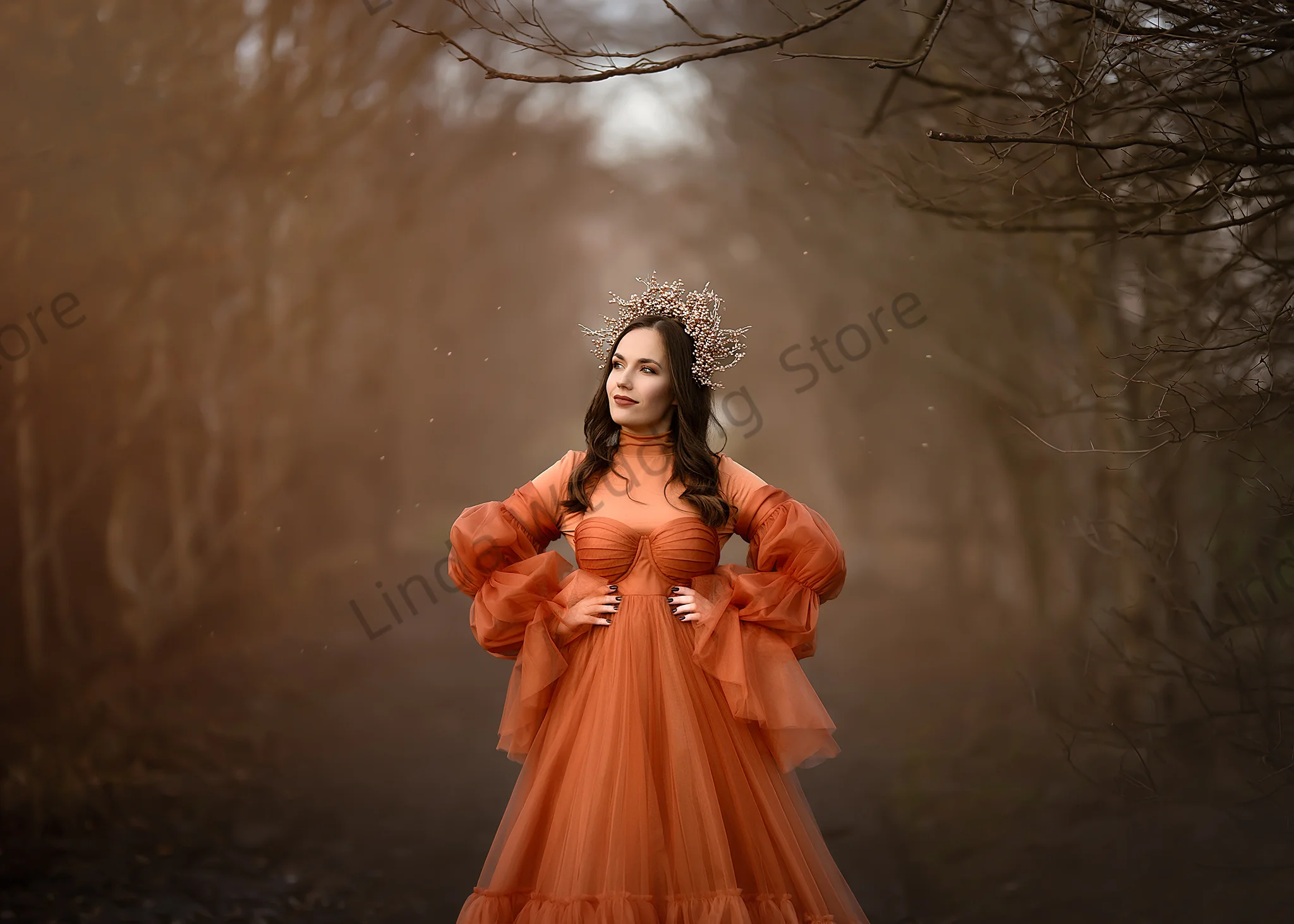 リンダフォトマタニティドレス女性用Aラインチュールフルスリーブガラガウンカスタマイズフロアレングス妊娠中のベビーシャワーガウン