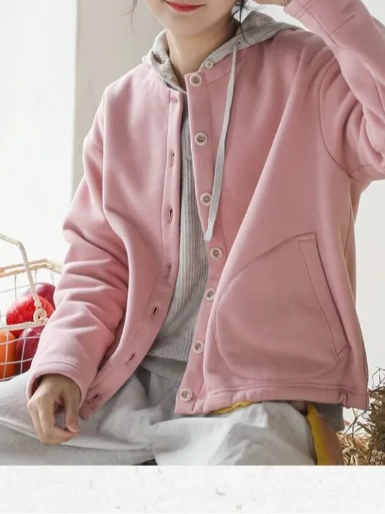 Women's Fleece Jacket round Neck Short Top Polyester Cotton Blend Velvet Fabric Autumn New Style Casual Comfortable Outerwear