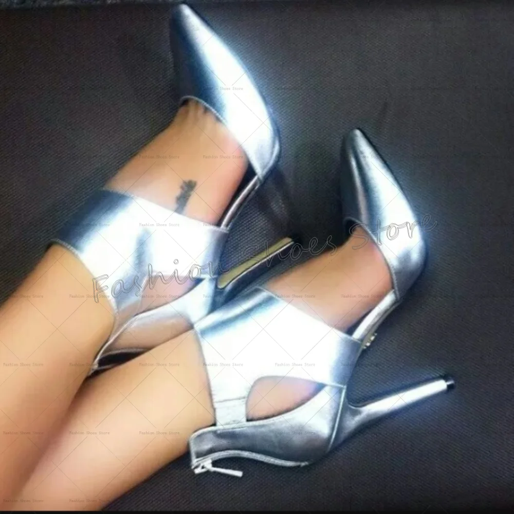 

Silver Pointed Toe Back Zipper Sandals Patent leather Women Shoes Thin High Heels Party Banquet Dating 2025 Zapatos Para Mujere