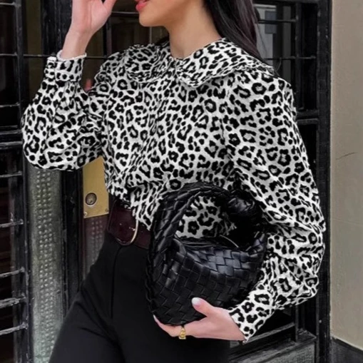 

Spring New Fashion Leopard Print Doll Collar Shirt Femininity Cotton Long Sleeve Top Women's Clothing