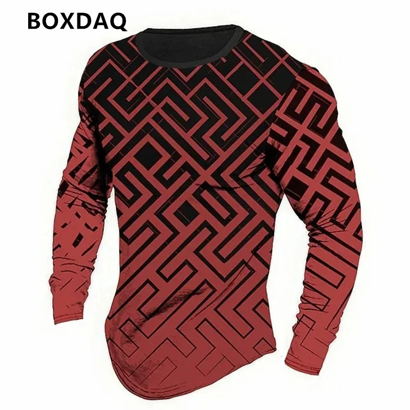 Vintage Geometric Pattern Men's T-Shirts Spring Autumn Long Sleeve 3d Print Street Casual Male Tops Tee Plus Size 6XL