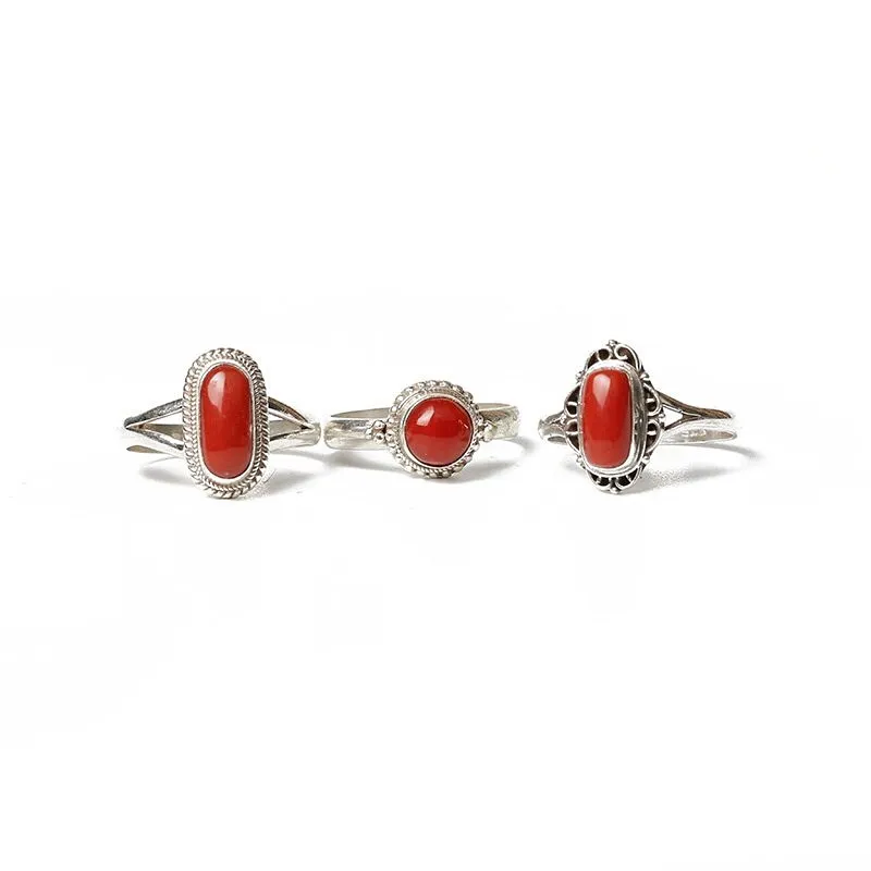 

10PCS Mix Wholesale Nepal Vintage Handmade 925 Silver Inlaid Natural Coral Rings for Lady Multi Designs T9159