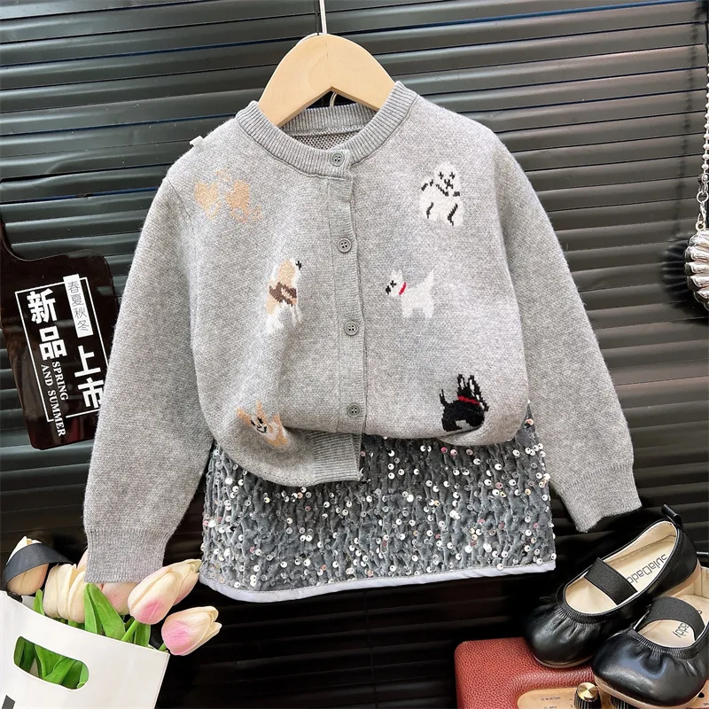 

2025 Autumn New Cute Cartoon New Knitted Jacquard Cardigan Jacket and Sequined Skirt Two-piece Set