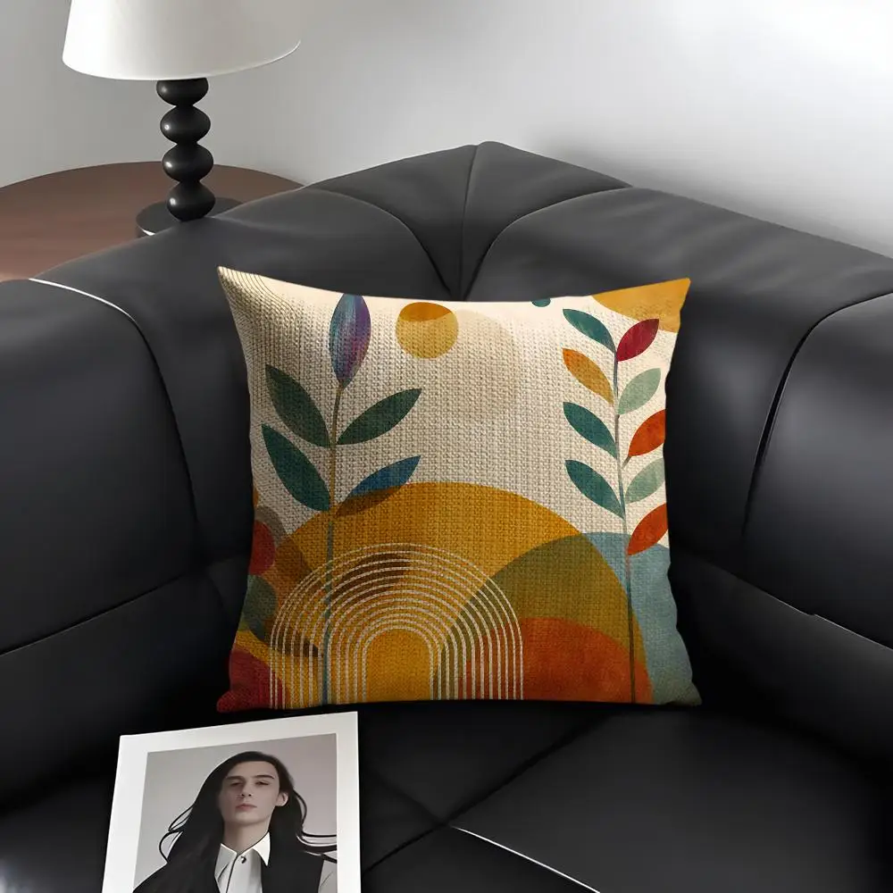 Colorful Abstract Mid Century Cushion Cover Natural Linen Organic Fabric Double-Sided Printing Breathable Perfect Gift For Decor