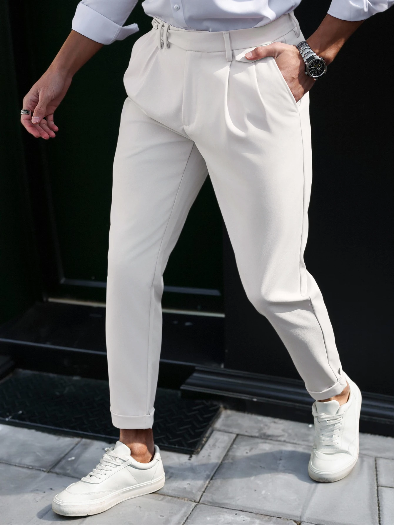 Herren Gurkha Hochgeschnittene Plissierte Gekrempelte Schmal Geschnittene Kurze Anzughose, 100% Polyester Business Casual Weiße Hose – Detail 5