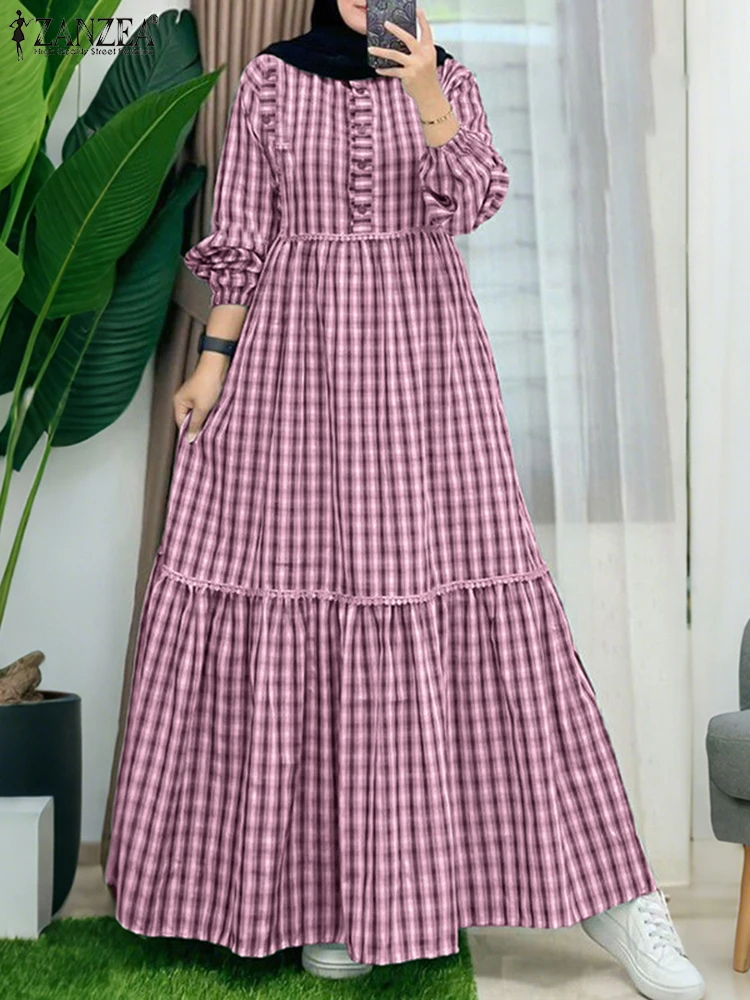 

2025 ZANZEA Fashion Autumn Muslim Dress Abaya Women Elegant Loog Sleeve Checked Dresses Pleated Sundress Casual Robe Kaftan