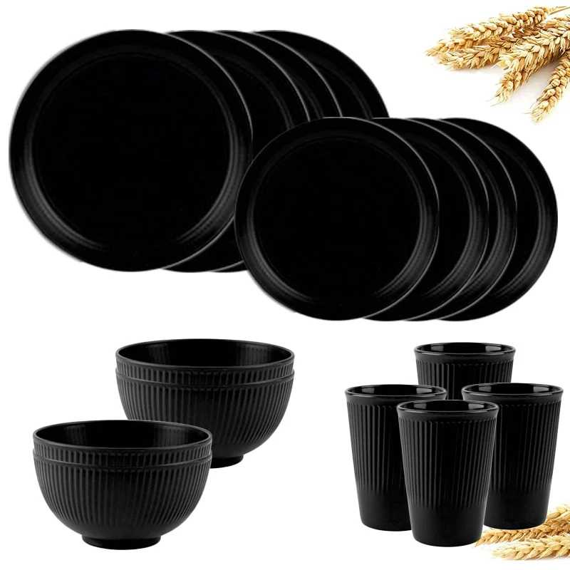 Black Wheat Straw Cutlery Set 4Pcs/16Pcs Bowl Cup Dish Set Portable Tableware Set Dinnerware Kits for Picnic Camping