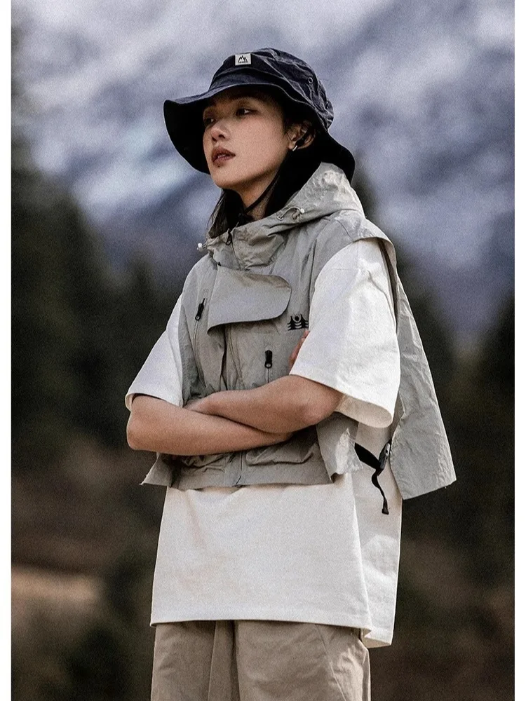 

Уличный короткий жилет с капюшоном в стиле ретро, свободный многофункциональный жилет без рукавов для пары, для пешего туризма, кемпинга, рыбалки, мужской женский жилет, новый