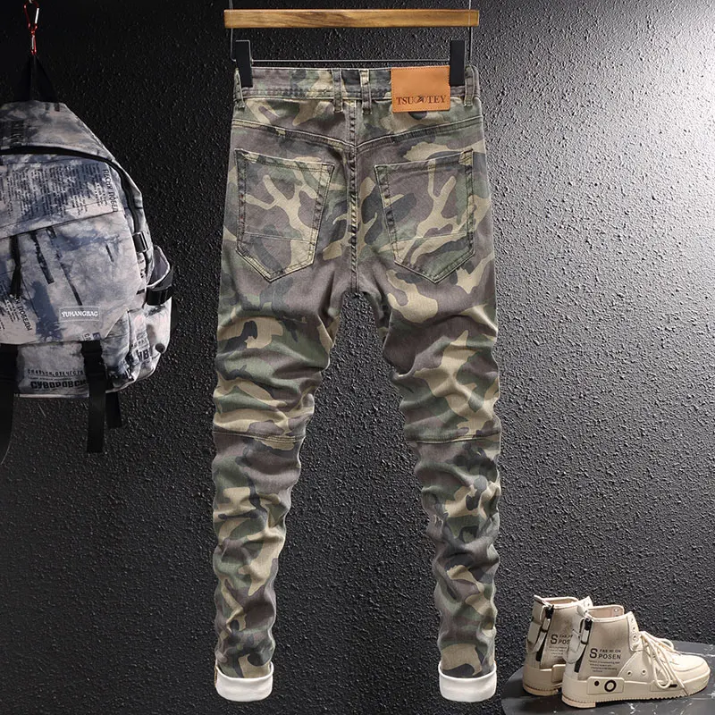 High Street Fashion Heren Jeans Camo Casual Stretch Slim Fit Rits Gesplitst Designer Jeans Heren Zwarte Vintage Denim Broek Hombre