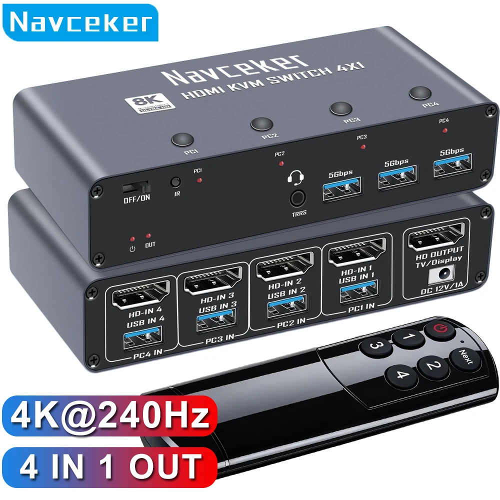 Navceker 4K 240Hz HDMI KVM Switches 2 PC 8K USB 3.0 KVM Switch 4 PC with IR Remote 4 Computers 1 Monitor Share Keyboard Mouse