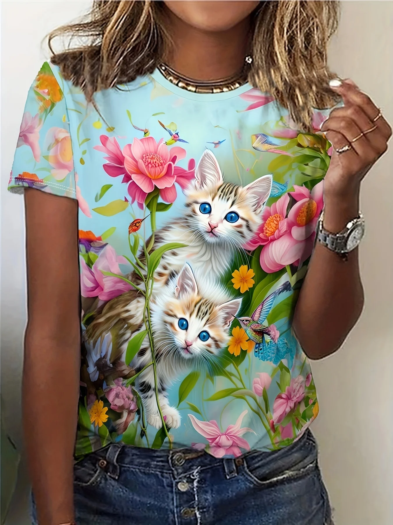 

2024 Top Women Cute Cat Printed Women's T-Shirt Oversized T-Shirt Korean Popular Clothes Women Clothing Short Sleeve Blouse