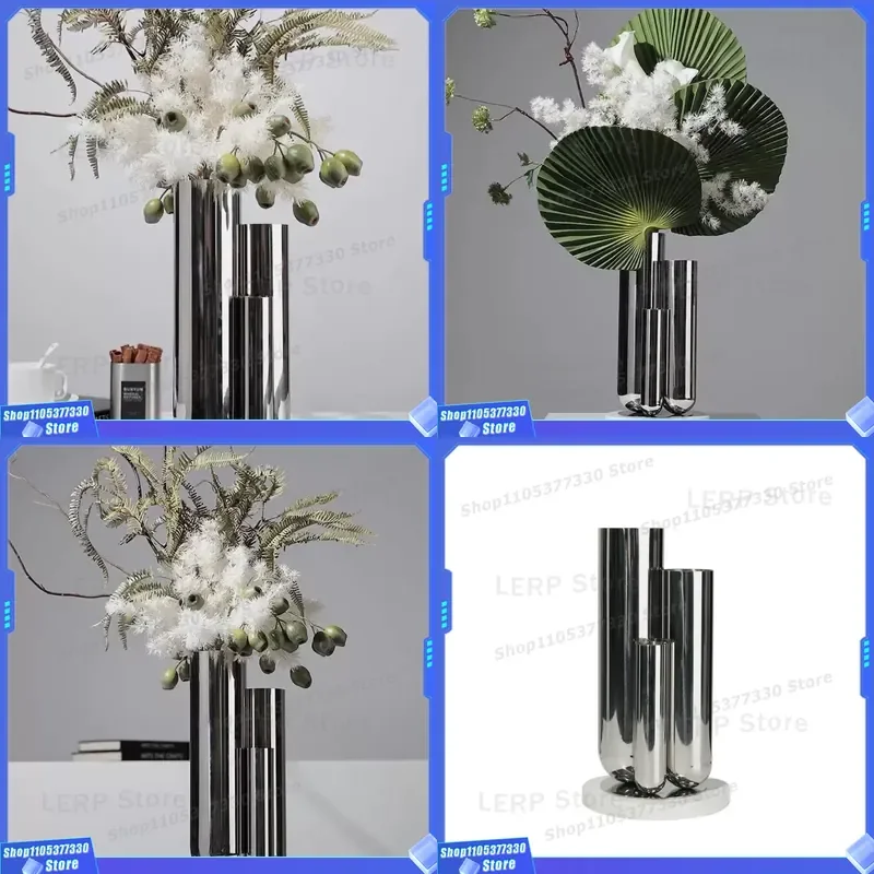 Modern Stainless Steel Flower Vase Light Luxury Home Decor Entrance Ornament Simple Design Model House Sales Office Display