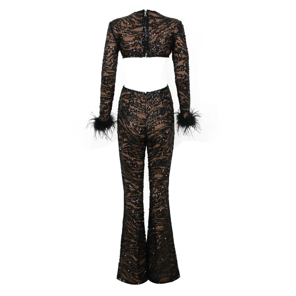 Sexy Hollow Out Black Sequins Bodycon Jumpsuit For Women Elegant Feathers Long Sleeve O Neck Celebrity Evening Party Jumpsuit