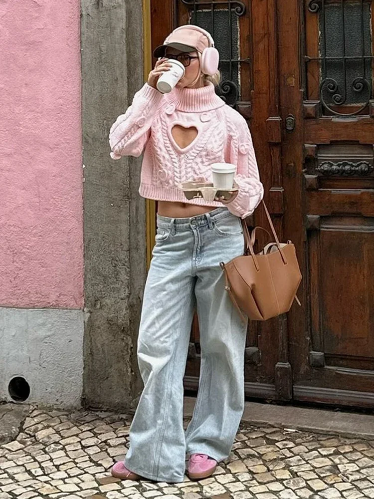 

Women Heart-shaped Hollow Out Short Sweater Fashion Solid Full Sleeve Knitted Pullover Lady Autumn Daily Highstreet Outerwear
