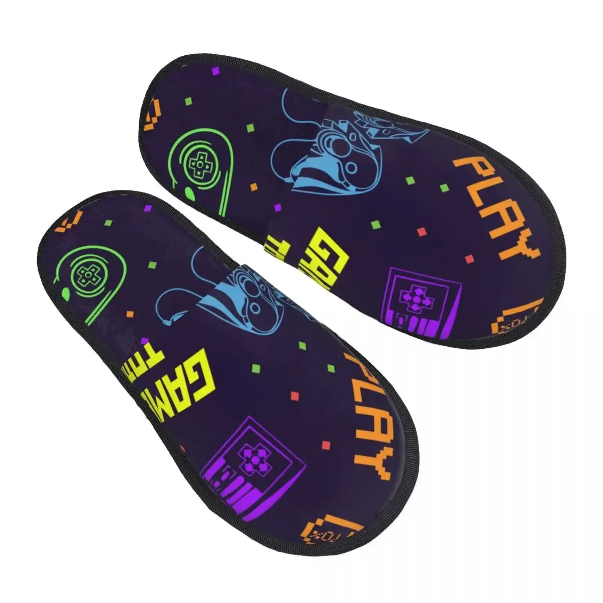 Zapatillas suaves con patrón de videojuegos coloridos, zapatos peludos para el hogar, piso antideslizante para interiores, dormitorio