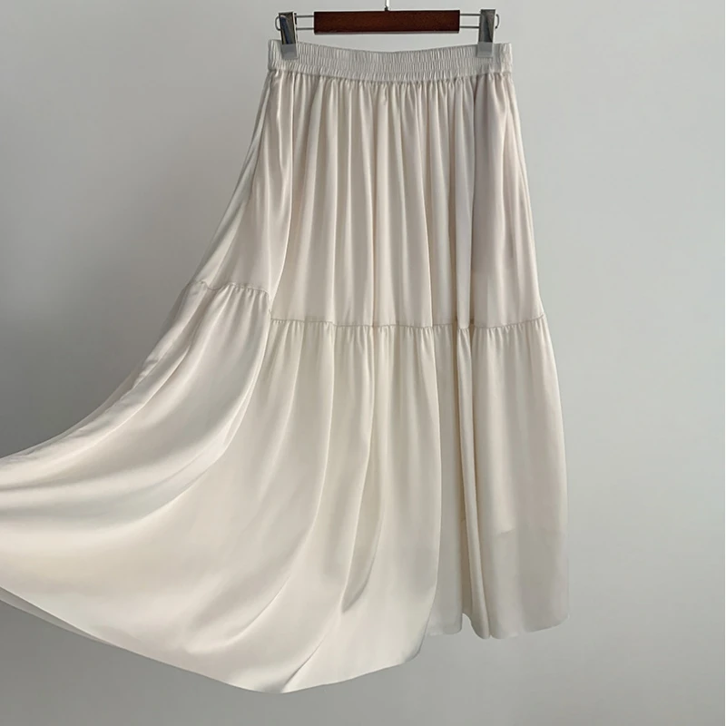 

Pearlescent satin elastic waistband pleated solid color romantic pleated pocket long A-line umbrella shaped skirt