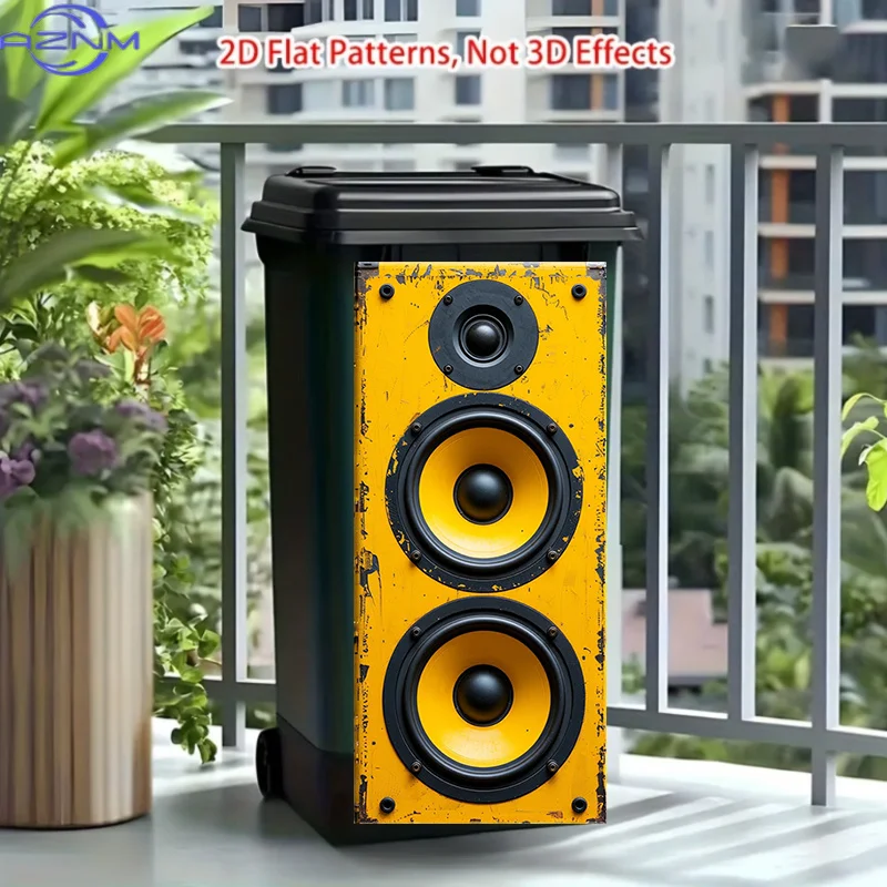 37 X 82 Cm/14.57 X 32.28 Inches Trash Can Sticker, Yellow And Black Retro Speaker Pattern Design, Matte Surface Sticker Suitab view 2