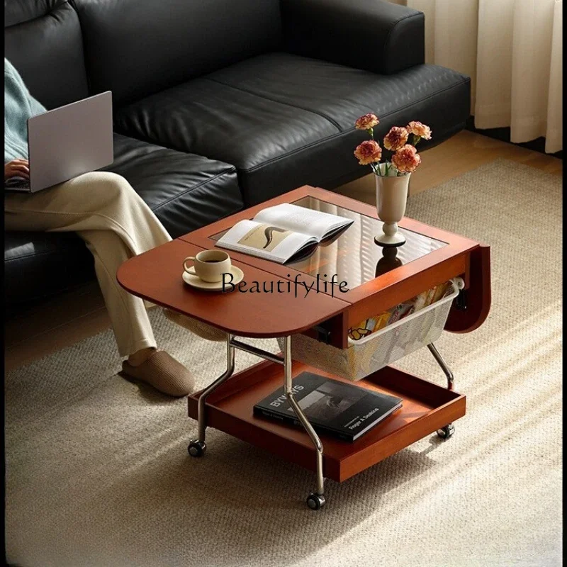 

ls 18Nordic solid wood folding coffee table small apartment sofa side table movable cart