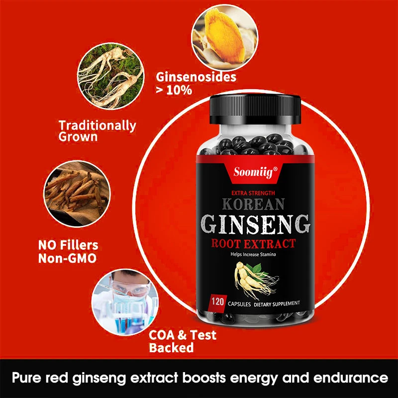 High Potency Korean Ginseng 120 Veggie Caps for Energy, Stamina & Focus + Memory & Mental Performance for Men & Women