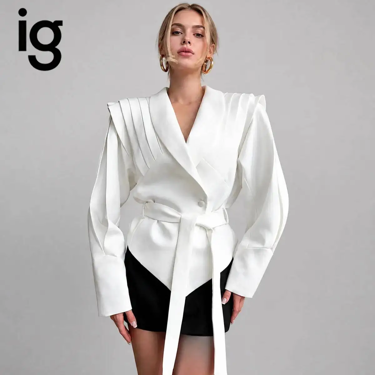 IG 2026 Women's Stand Collar Single Button Blazer, Long Sleeve Seamed Waist Slim Fit Split Hem Solid Elegant Office Jacket Coat