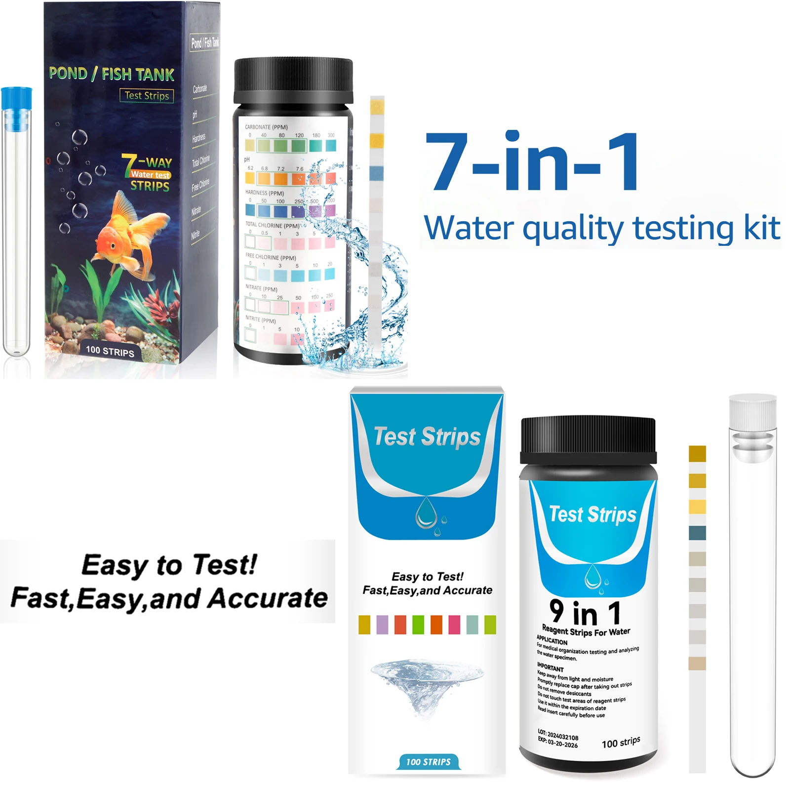 100Pcs 9-IN-1 7-IN-1 Aquarium Test Strips Fast Accurate Fish Tank Test Kit Water Quality Monitor pH Test Strips with Test Tube