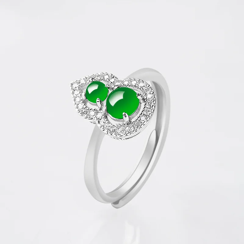 

S925 Silver Inlaid Natural A Jade Gourd Yang Green Ice Jadeite Ring Fashion Jewelry For Women Adjustable Drop Shipping