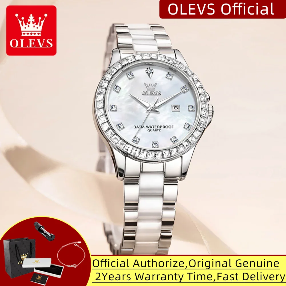 OLEVS 3651 Luxury Women Wristwatch With Gift Box Elegant Ceramics Strap Diamond Bezel Original Waterproof Calendar Quartz Watch