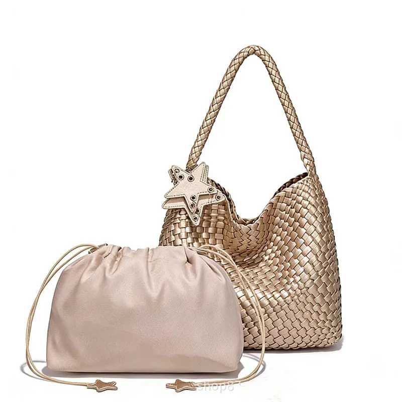 Woven PU Leather Handbag Shoulder Bag with Star Pendant Drawstring Inner Pouch Large Totes Bags for Women Daily Travel Dating