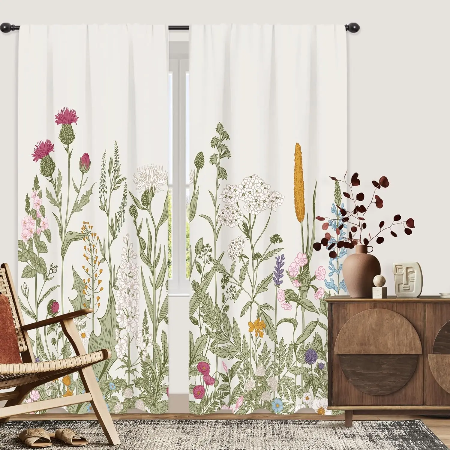 ستائر الزهور البرية الأزهار الخضراء يترك النباتية المطبوعة قضيب جيب الفني نبات زهرة برية اللبلاب الأعشاب غرفة المعيشة ريفي