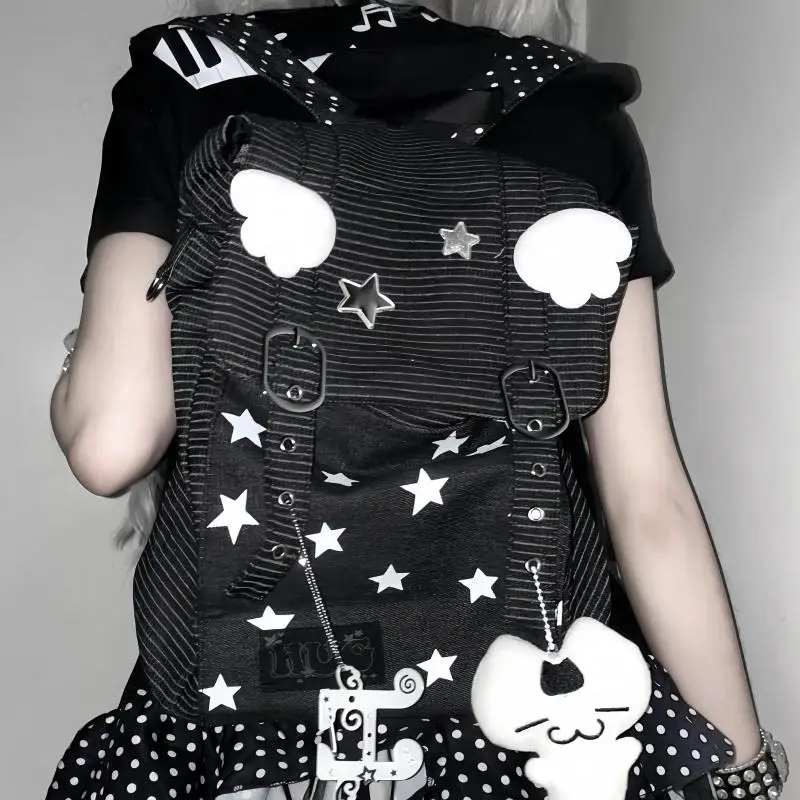 

American Original Striped Large Capacity Backpacks With Small Wings Musical Notes Star Elements Canvas Backpack For Women Trendy