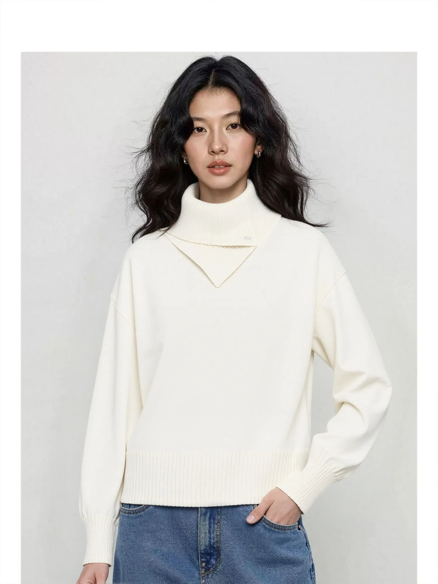 Forever 2 White High Collar Loose Women's Knitwear Casual Sle Autumn Winter Design Inner Wear Comfortable Fit A-Line Sve
